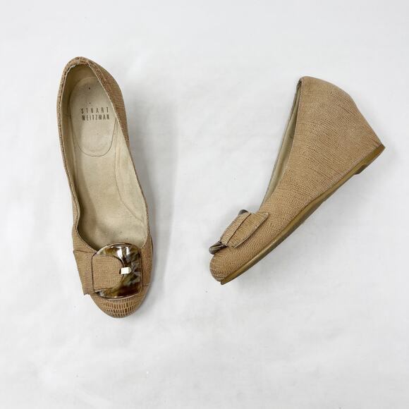 [Stuart Weitzman] Beige Leather Bucalina Tortoiseshell Buckle Round Toe Wedges 6 - Picture 3 of 12